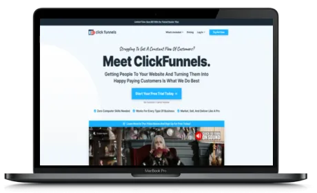 ClickFunnels website displayed on a Macbook