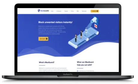 MaxGuard website displayed on a Macbook