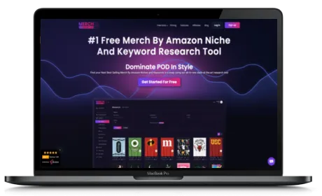 Merch Dominator website displayed on a Macbook