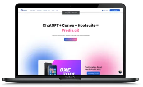 Predis.ai website displayed on a Macbook