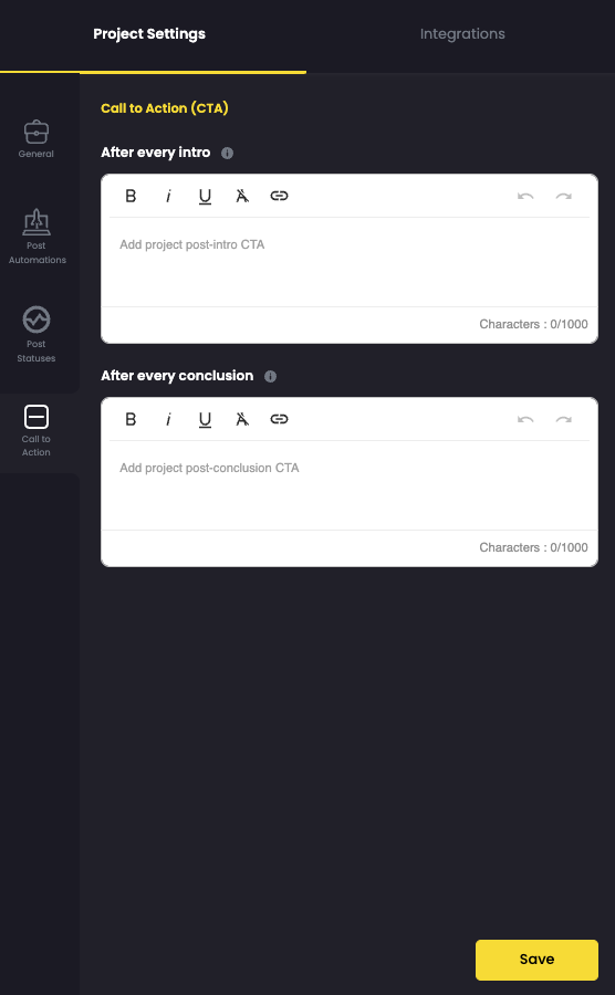Call To Action Project Settings