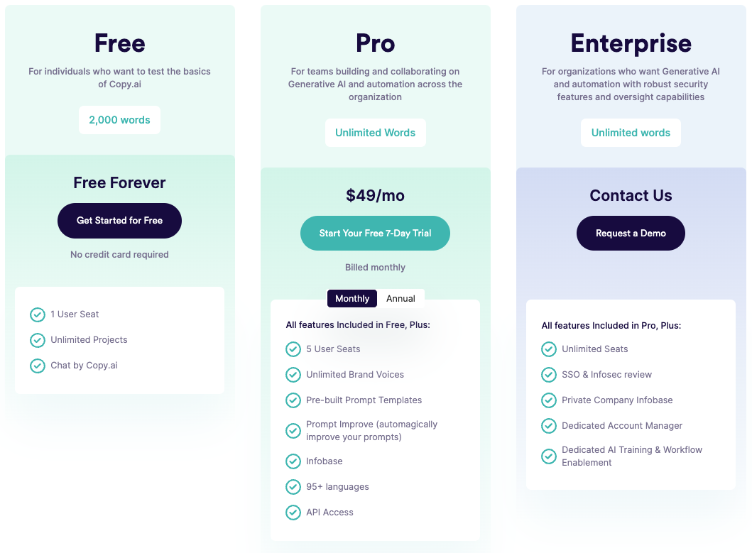 Copy.ai Pricing Copy.ai price plans