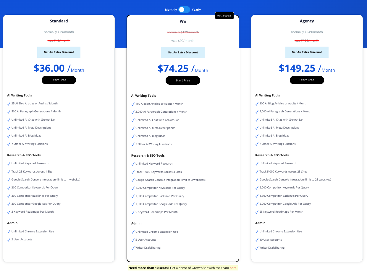 GrowthBar price plans