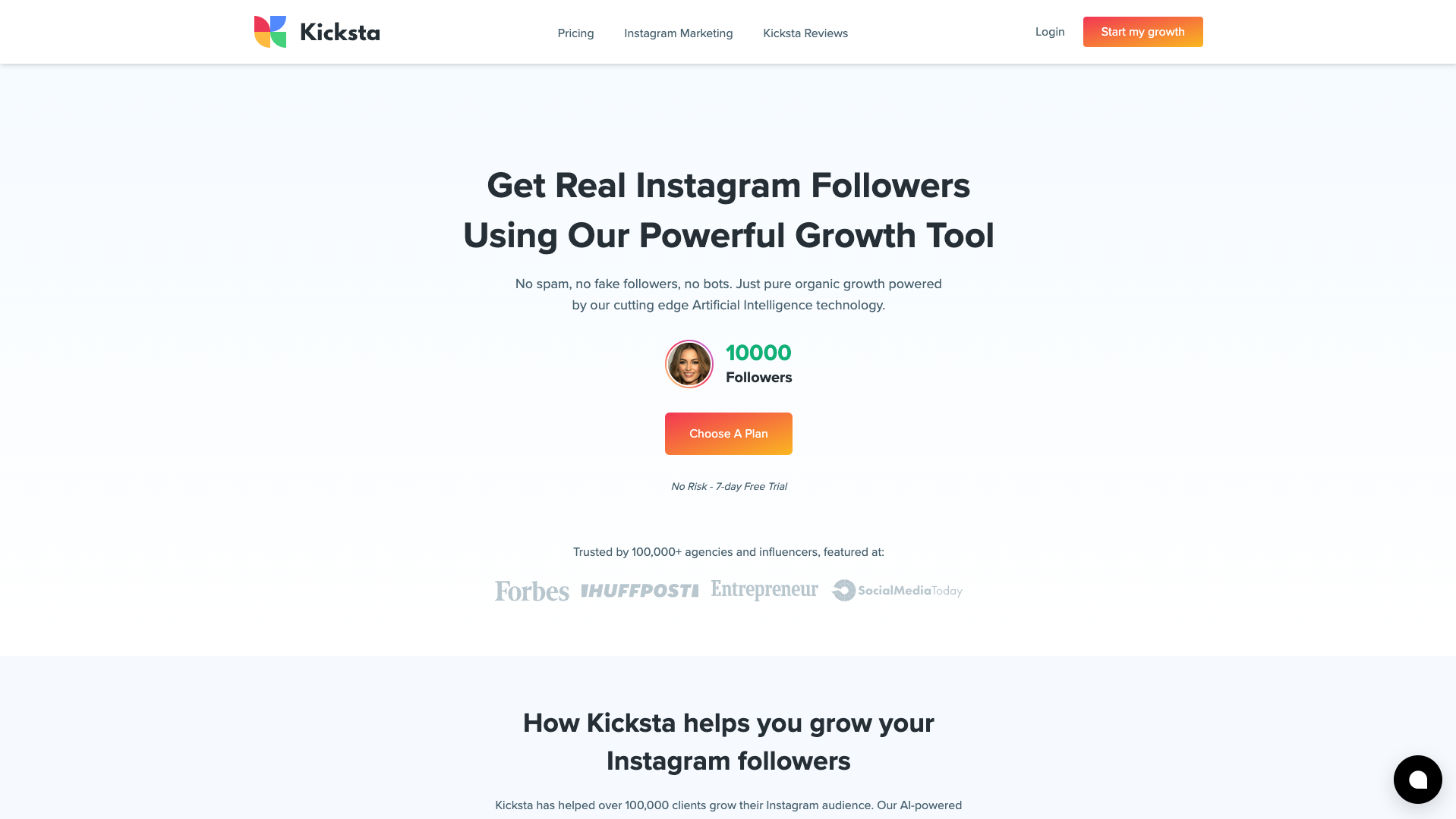 Screenshot of Kicksta Homepage
