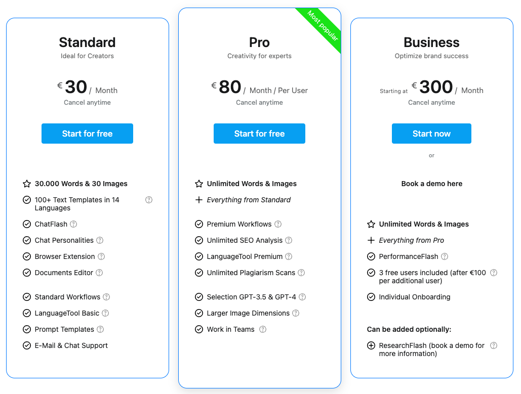 Neuroflash price plans