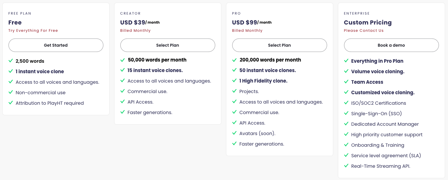 PlayHT Pricing PlayHT price plans