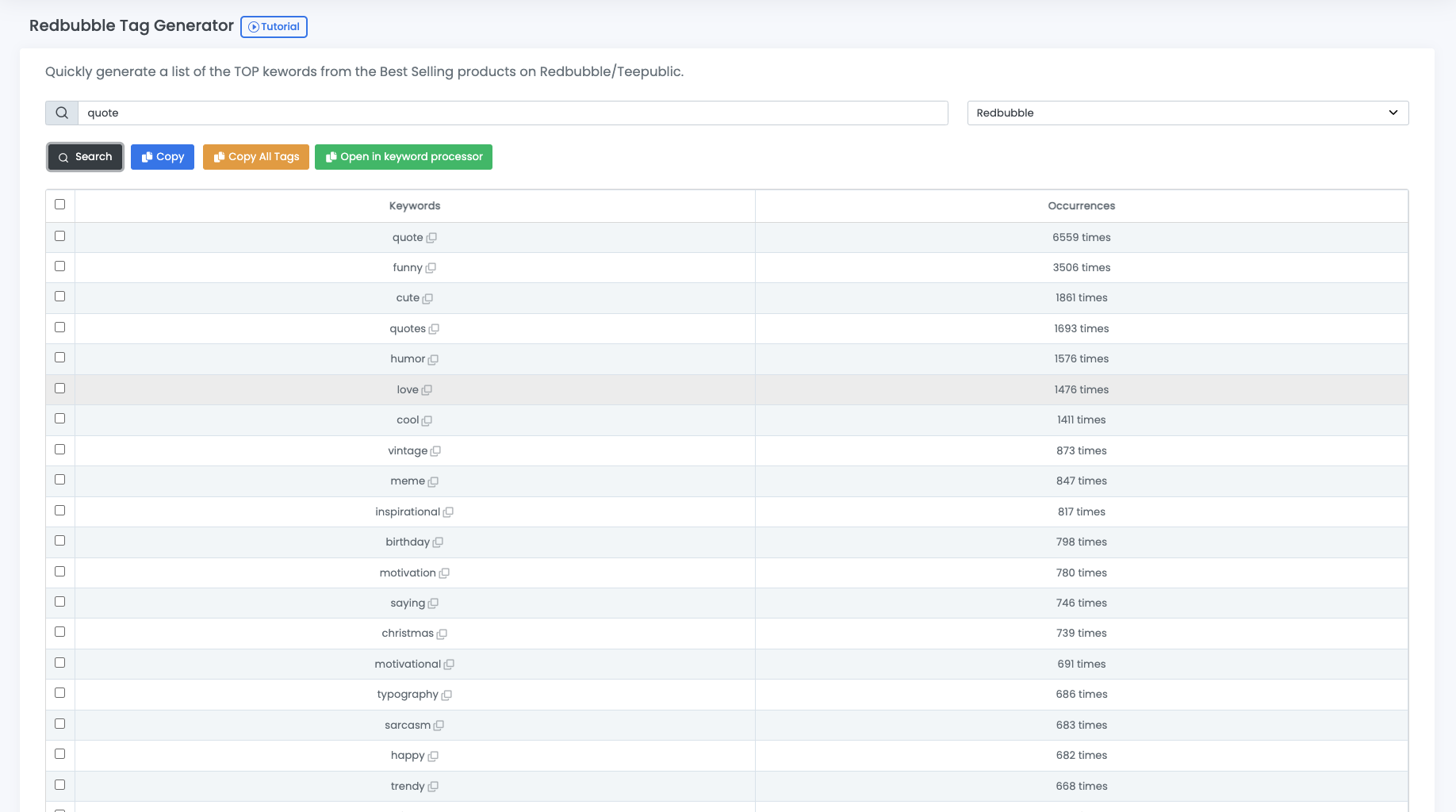 Redbubble Tag Generator