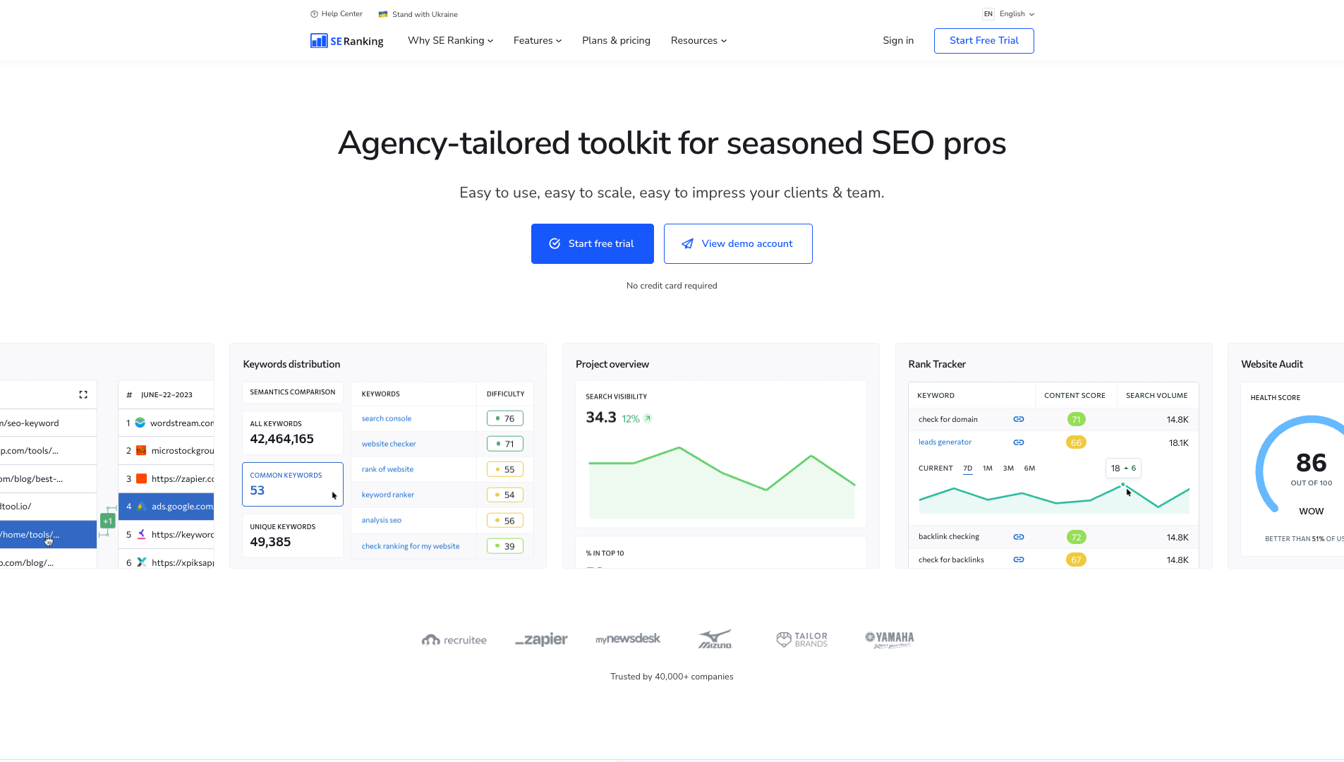Screenshot of SE Ranking Homepage