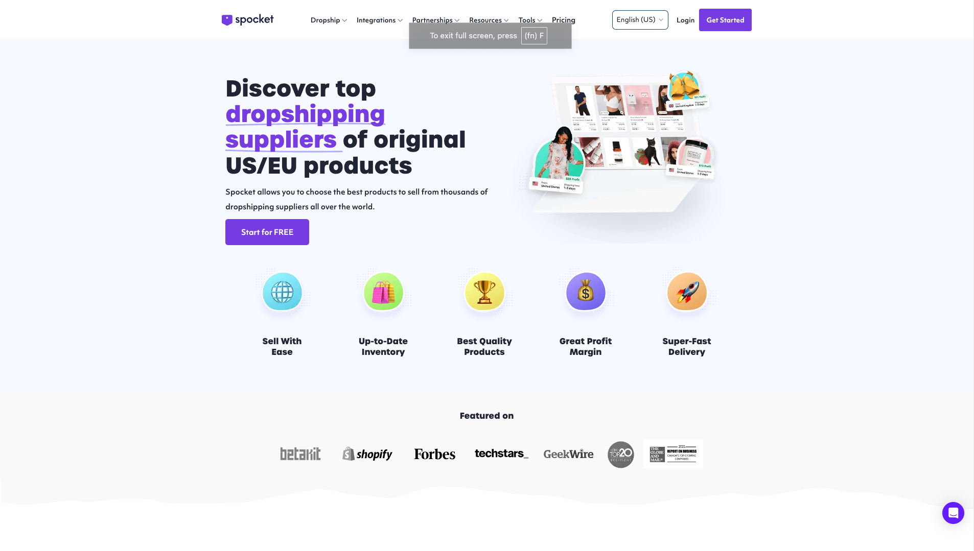 Screenshot of Spocket Homepage