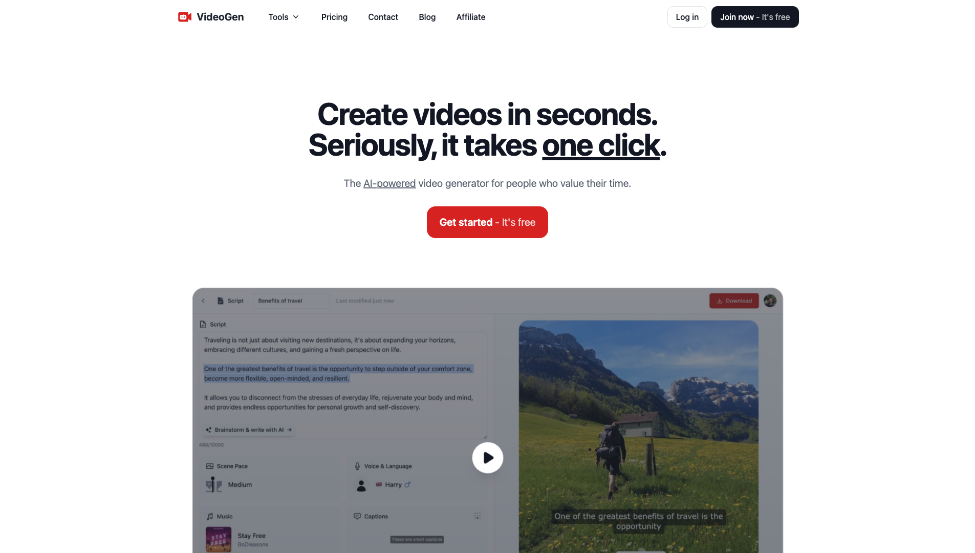 Screenshot of VideoGen Homepage