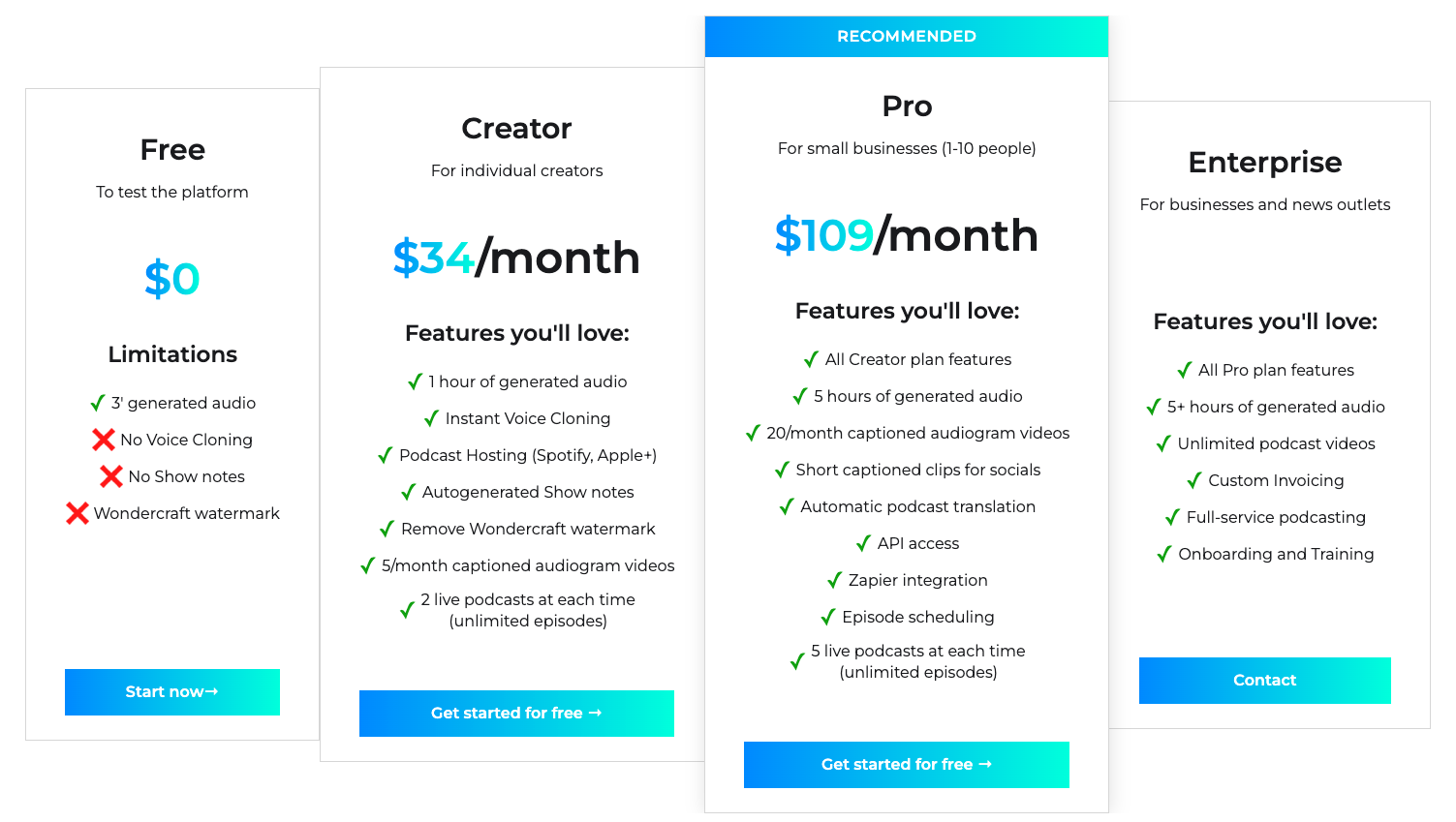 Wondercraft Pricing Wondercraft price plans
