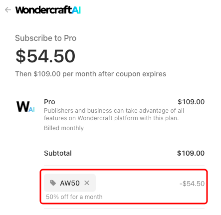 Wondercraft Apply Coupon Professional Plan