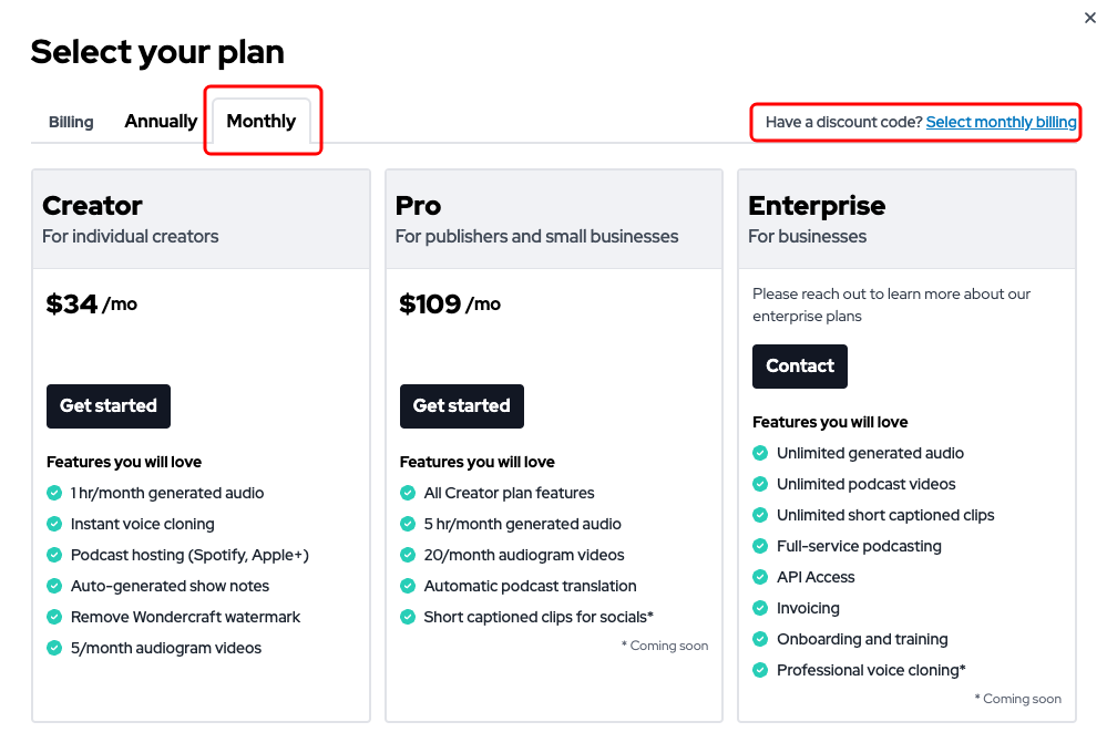 Wondercraft Monthly Billing